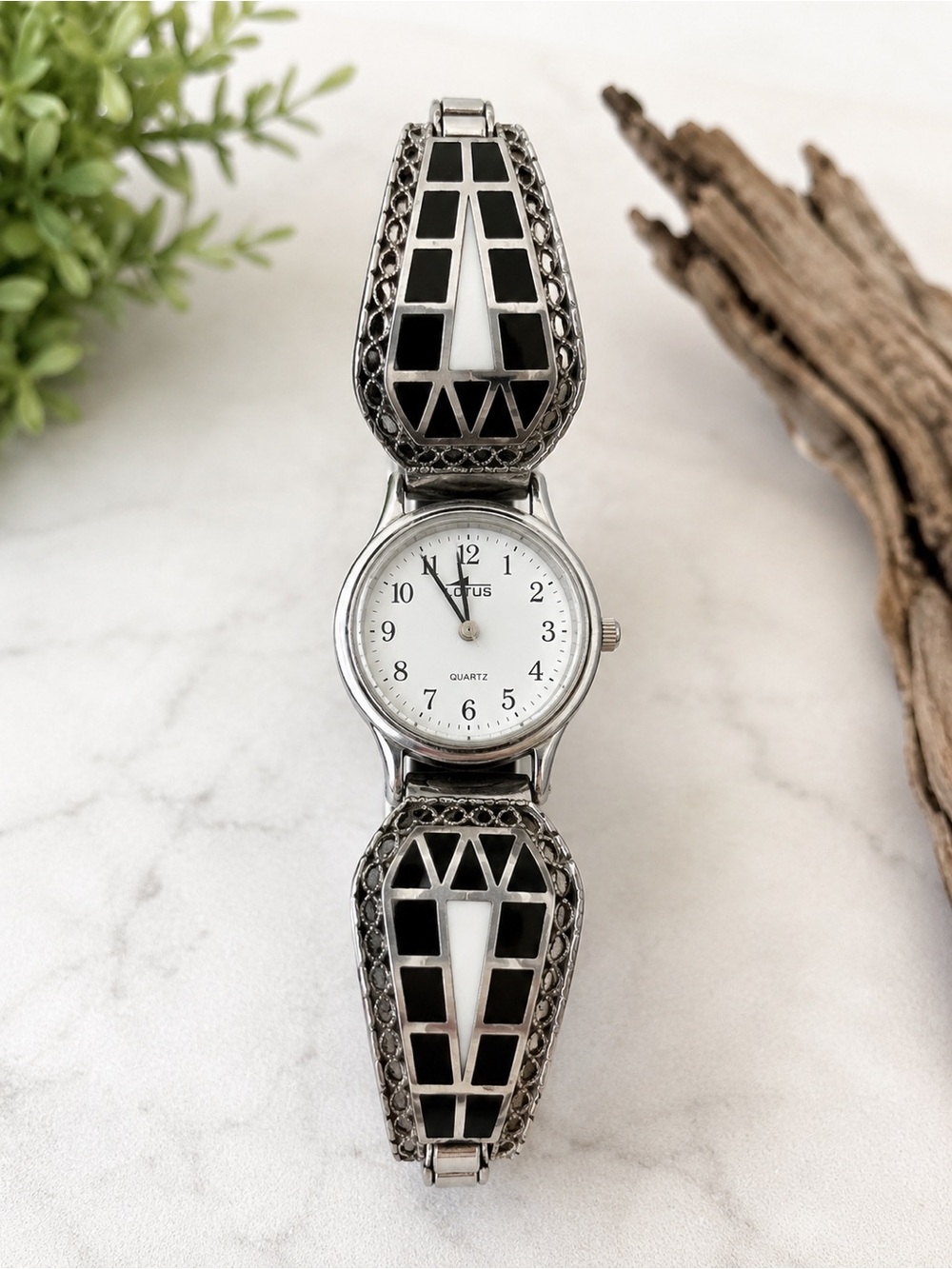 Vintage Lotus Southwestern Geometric Inlay Stretch Cuff Quartz Watch Silver Tone